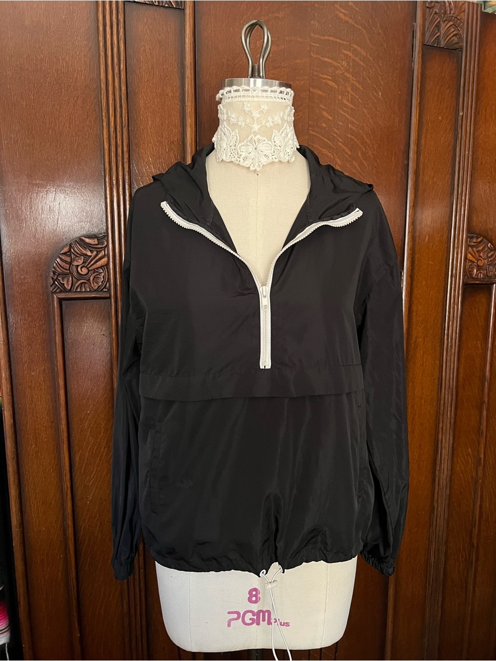 Iris Windbreaker Black Hooded Jacket with White Half-Zip